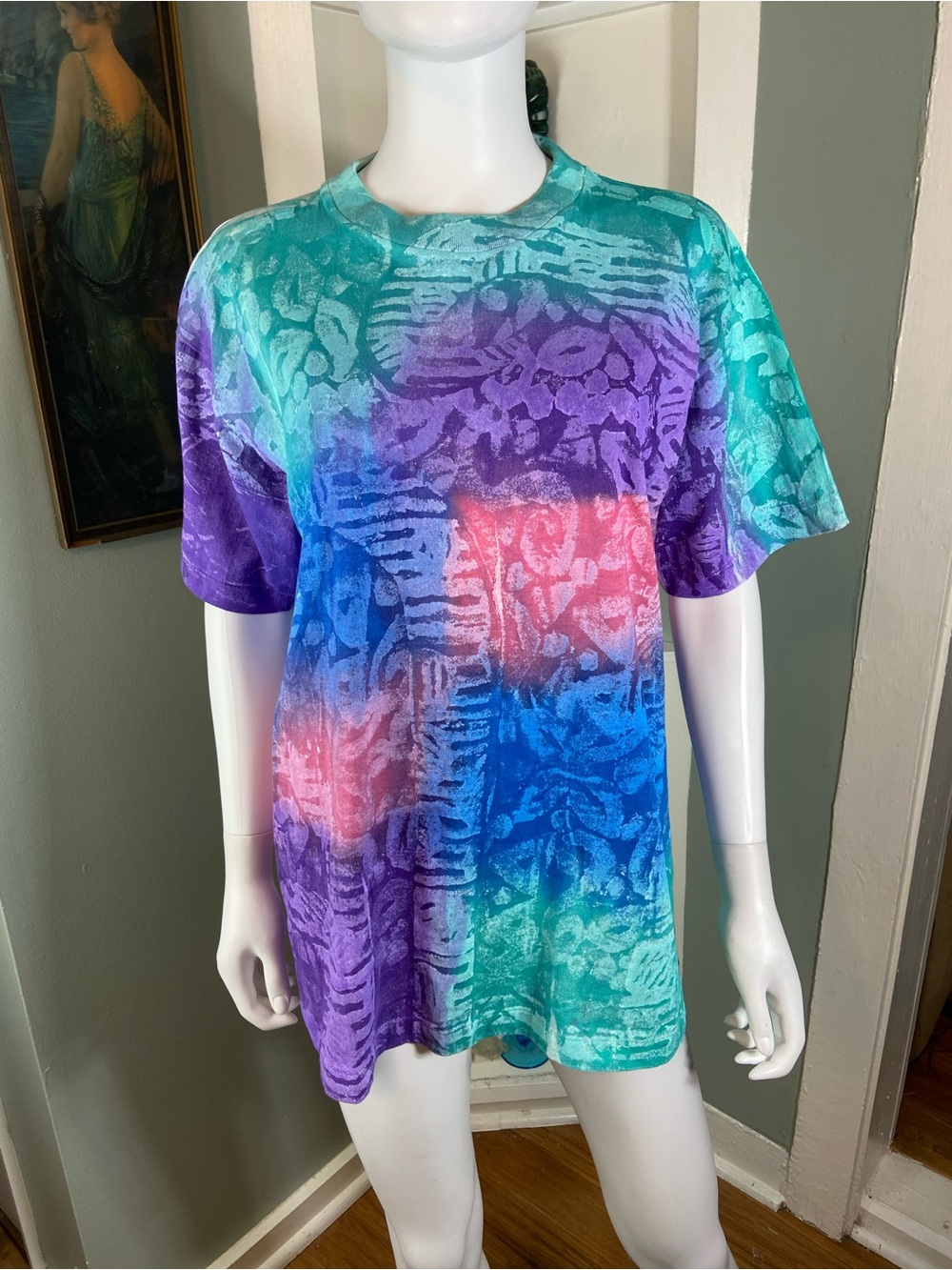 Vintage 80s 90s Painted Batik Art Tie Dye Single Stitch T-Shirt Tee Abstract L